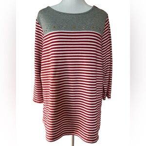 Quacker Factory nautical American red white striped studded casual relaxed top